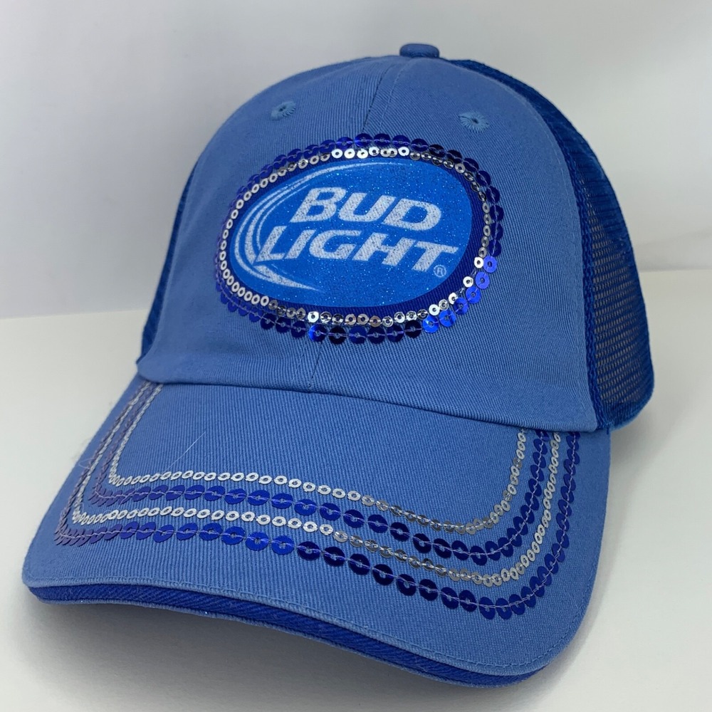 Bud Light Hat Ladies Sequin Trim Blue Mesh Adjustable OSFA Baseball Cap Glitter